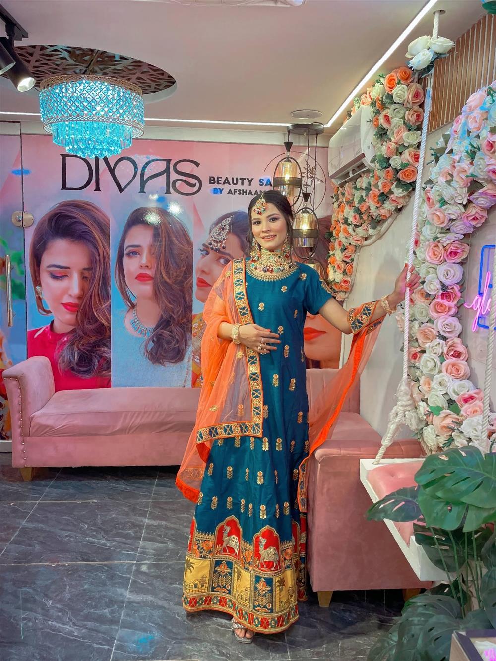 Mehndi lehenga look at Divas Beauty Salon, North Nazimabad