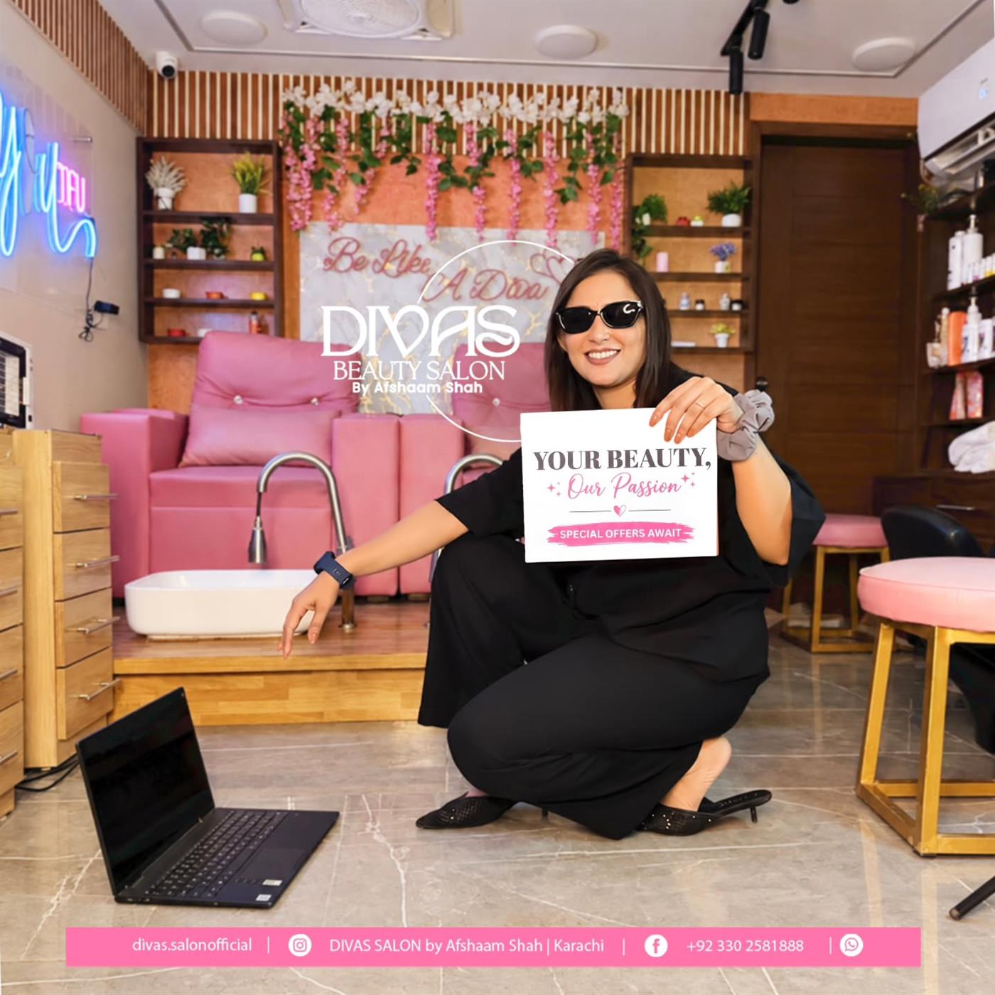 Afshaam Shah inside Divas Beauty Salon, North Nazimabad